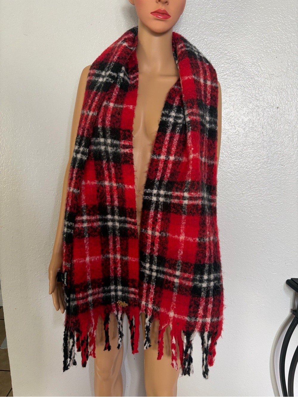 Steve Madden Red Black Plaid Fringe Scarf Wrap